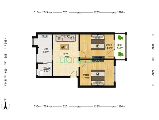 半边街社区 2室1厅1卫 68平方
