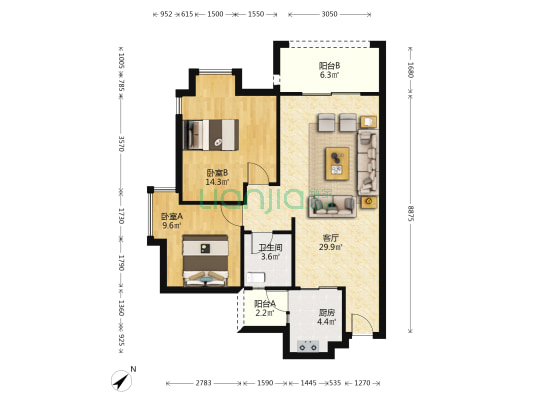 北滨路品质小区，正规两房，小区环境好，住家安静-户型图