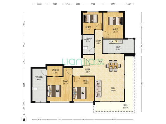 晓风印月府 4室1厅2卫 169平方