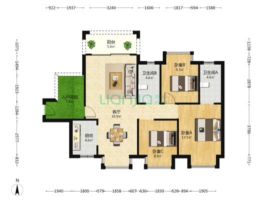 居岐华庭 3室1厅2卫 105平方