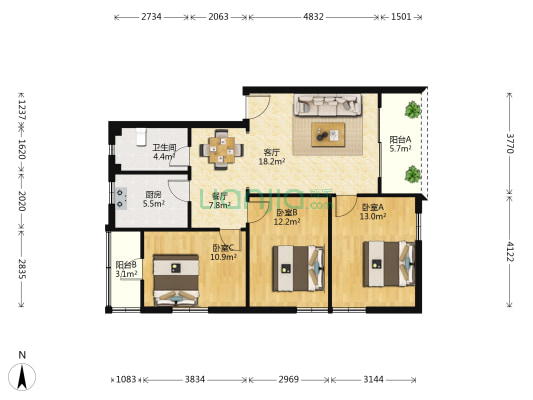 红花园 3室2厅1卫 93平方