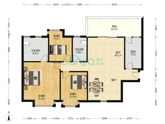骏马山庄 3室1厅2卫 136平方