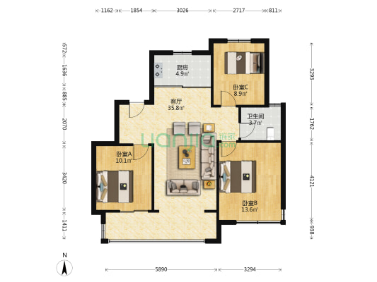 中海熙园 3室1厅1卫 98平方