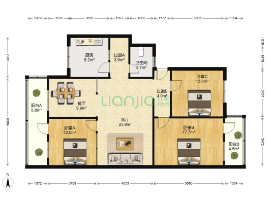 元宝地小区 3室2厅1卫 133平方