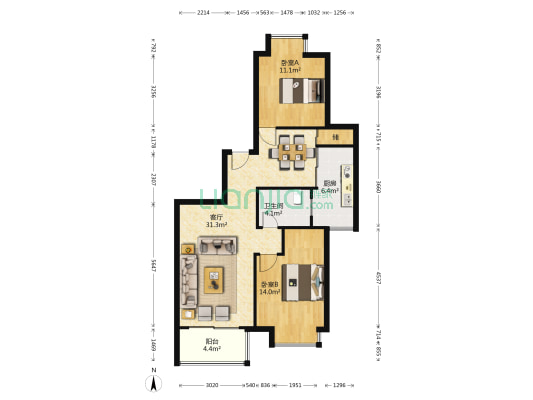 拉德芳斯北苑 2室1厅1卫 97平方
