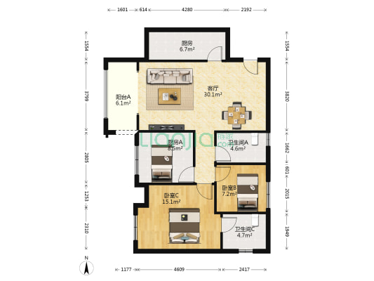 TCC世纪豪庭 2室1厅2卫 84平方