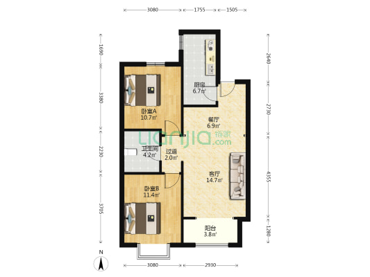 保利金地·迎泽上品 2室2厅1卫 88平方