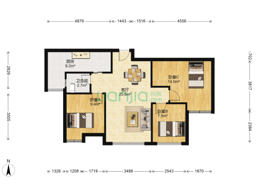 蓝润棠湖春天V客 3室1厅1卫 75平方