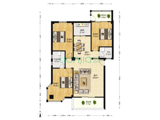 鸿福新村 3室2厅2卫 126平方