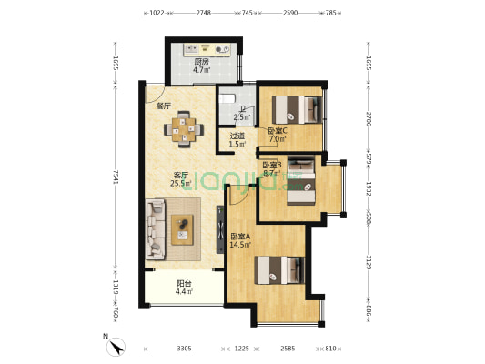 涛鸿·金涛华府 3室1厅1卫 86平方