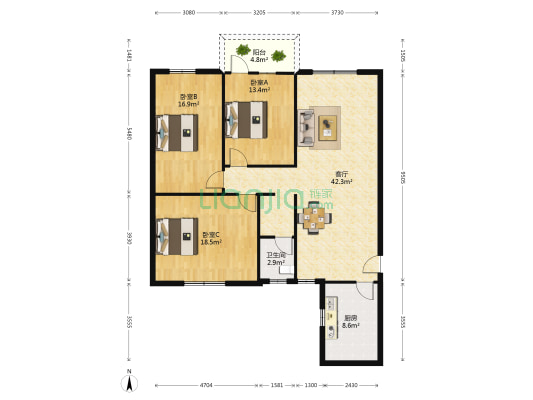 明湖花园 3室1厅1卫 122平方
