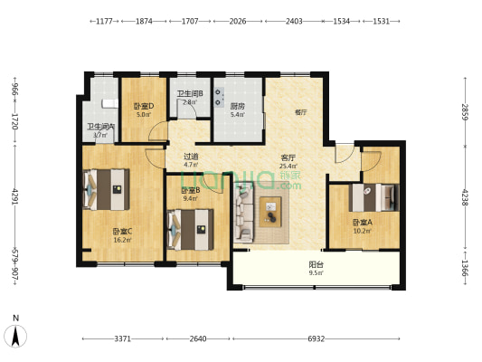 水沐玖悦府 4室1厅2卫 129平方