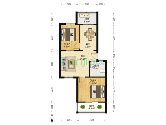 海红第二住宅小区 2室2厅1卫 68平方