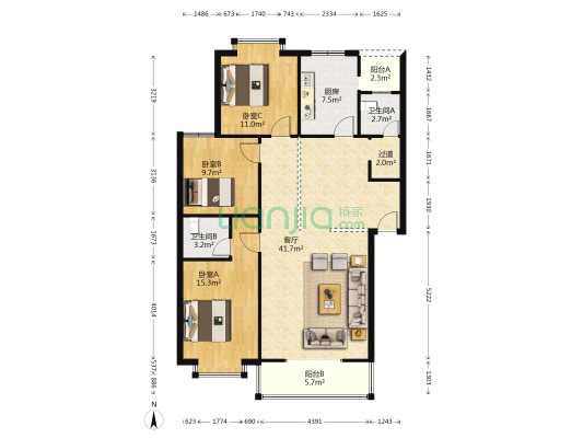 仁和苑 3室1厅2卫 116平方