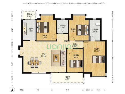 北辰中央公园辰府 4室1厅2卫 137平方