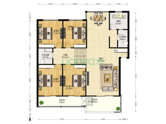 鹃城上街62号 4室1厅2卫 154平方