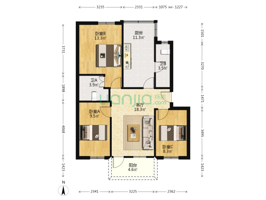 一机厂住宅 3室1厅2卫 82平方