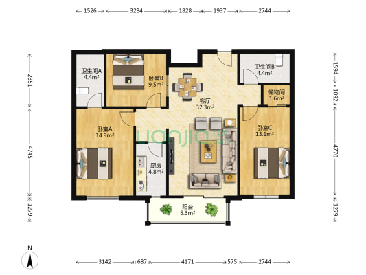 昊天家园 3室1厅2卫 125平方