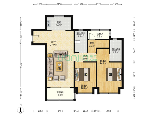 信园蓝庭 3室1厅2卫 105平方