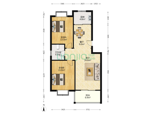 地质家园 2室2厅1卫 92平方