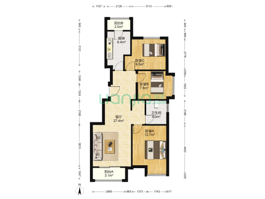 国际花都 3室1厅1卫 102平方