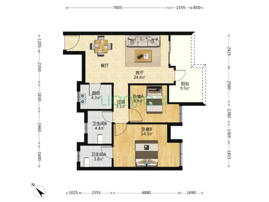 华宇锦绣府二期 2室1厅2卫 85平方