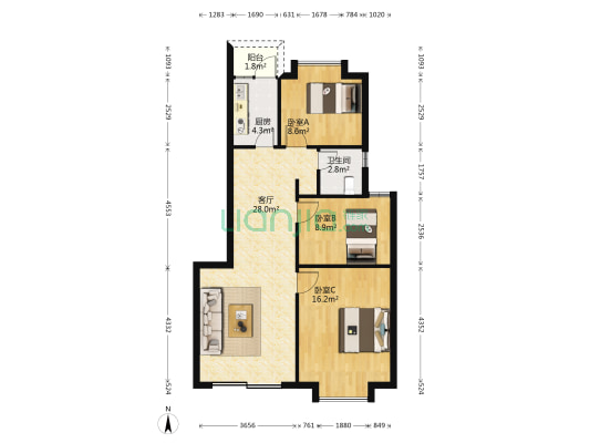 风和日丽花园二期 3室1厅1卫 87平方