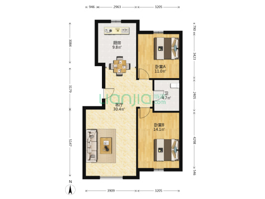 路弘滨江华府 2室1厅1卫 88平方