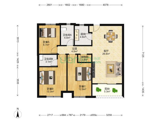 通源新建城B1 3室1厅2卫 107平方