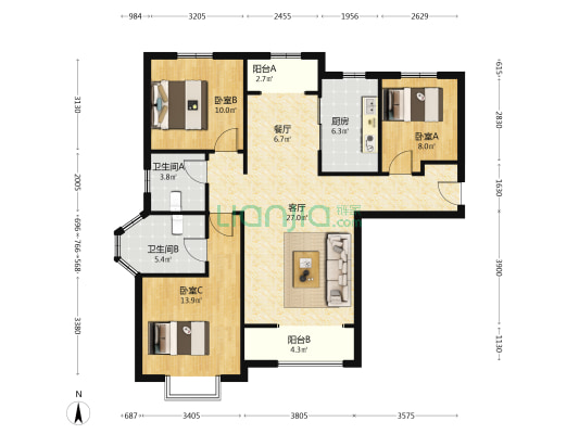 香邑溪谷  南北通透大三居室  采光无影响-户型图