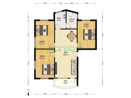 海关宿舍（商检宿舍） 3室1厅1卫 88平方