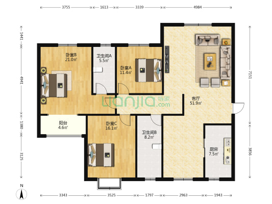 盘古小区一期 3室1厅2卫 165平方