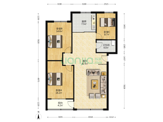 新星小区 冠云路 集中供暖 中间楼层-户型图