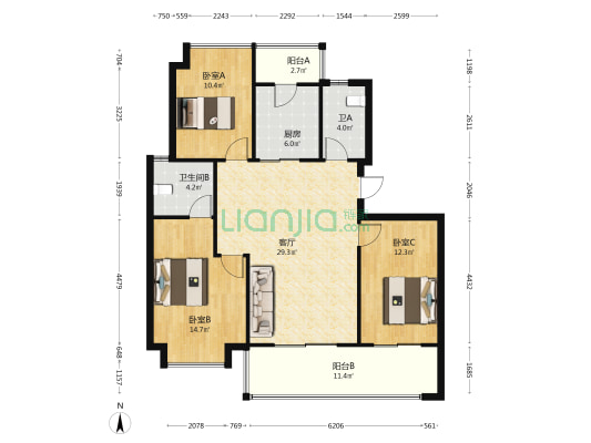 绿地滇池国际健康城山海里 3室1厅2卫 114平方