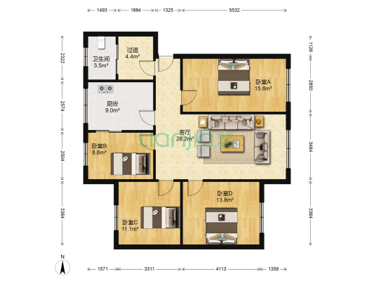 疗养院宿舍 4室1厅1卫 109平方