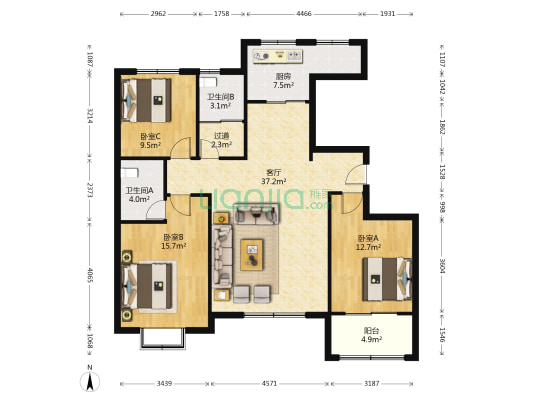 北斗山河城 3室1厅2卫 130平方