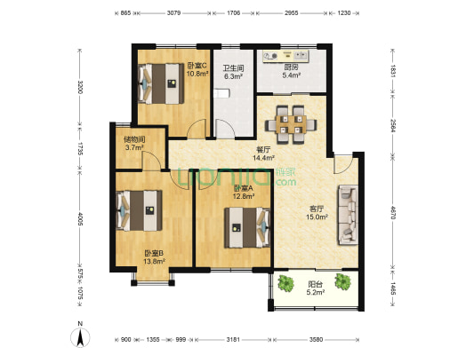 亚澳花苑 3室2厅1卫 107平方