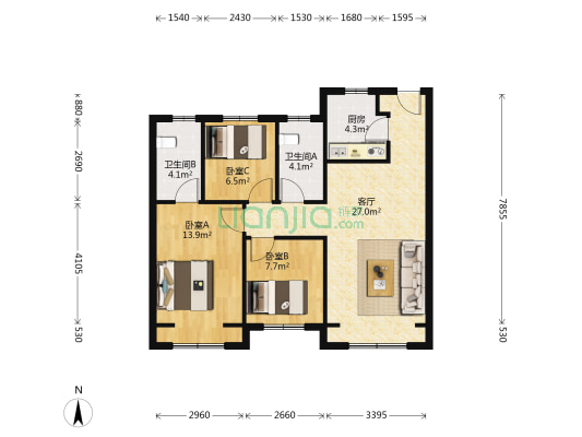 万达体育新城 3室1厅2卫 103平方