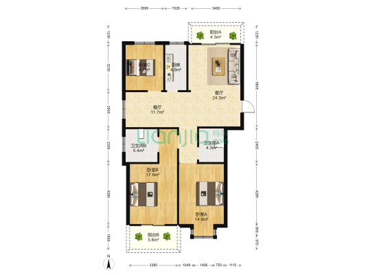 东方港湾 3室2厅2卫 128平方
