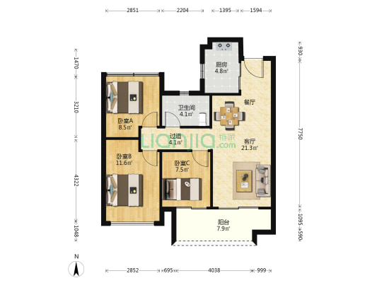 保利和光屿湖逸园 3室1厅1卫 91平方