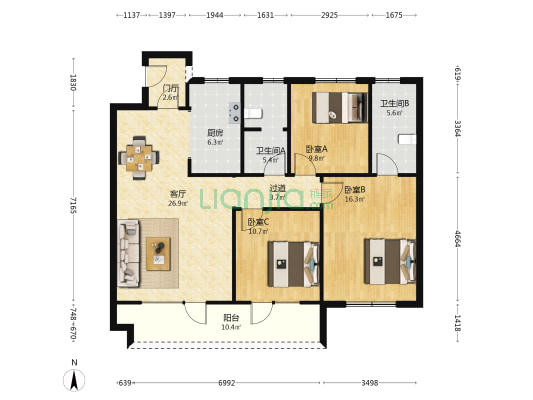 中铁世界博览城阅峰B区 3室1厅2卫 123平方