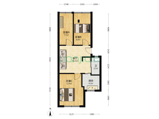 水部综合大楼 3室1厅1卫 59平方