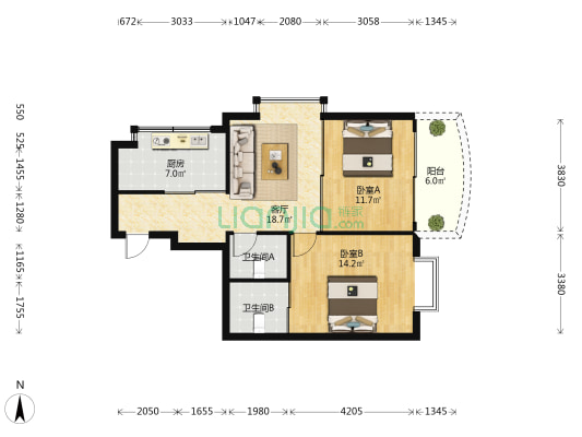 昌达·四季花园 2室1厅2卫 77平方