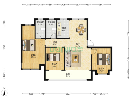 荣科文苑 3室1厅2卫 126平方