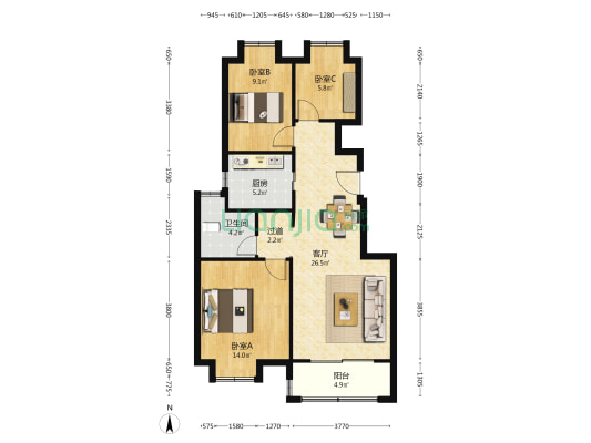 家天下·兰苑 3室1厅1卫 88平方