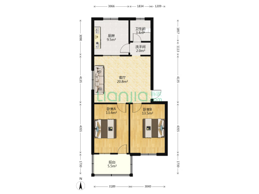 华宇家属楼 2室1厅2卫 88平方
