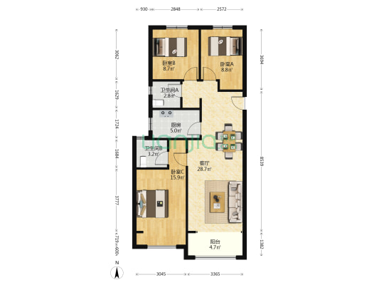 亚星安泰苑 3室1厅2卫 110平方