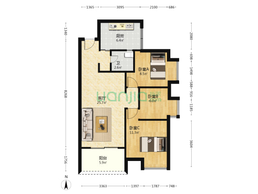 南泽裕园 3室1厅1卫 82平方