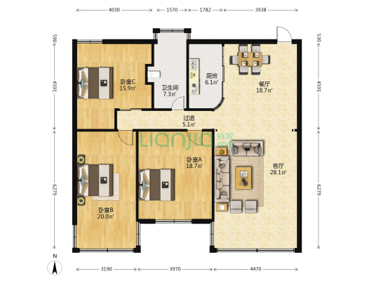 宇盛小区 3室2厅1卫 132平方