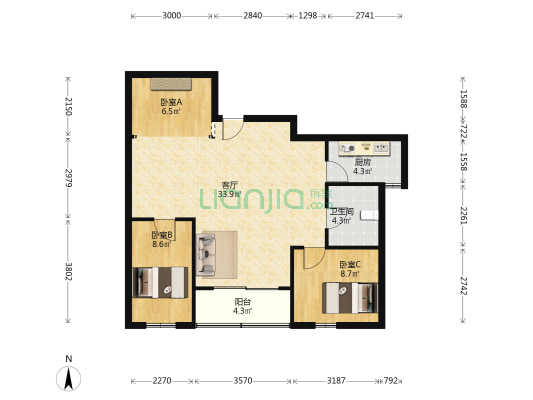 东门广场 3室1厅1卫 87平方
